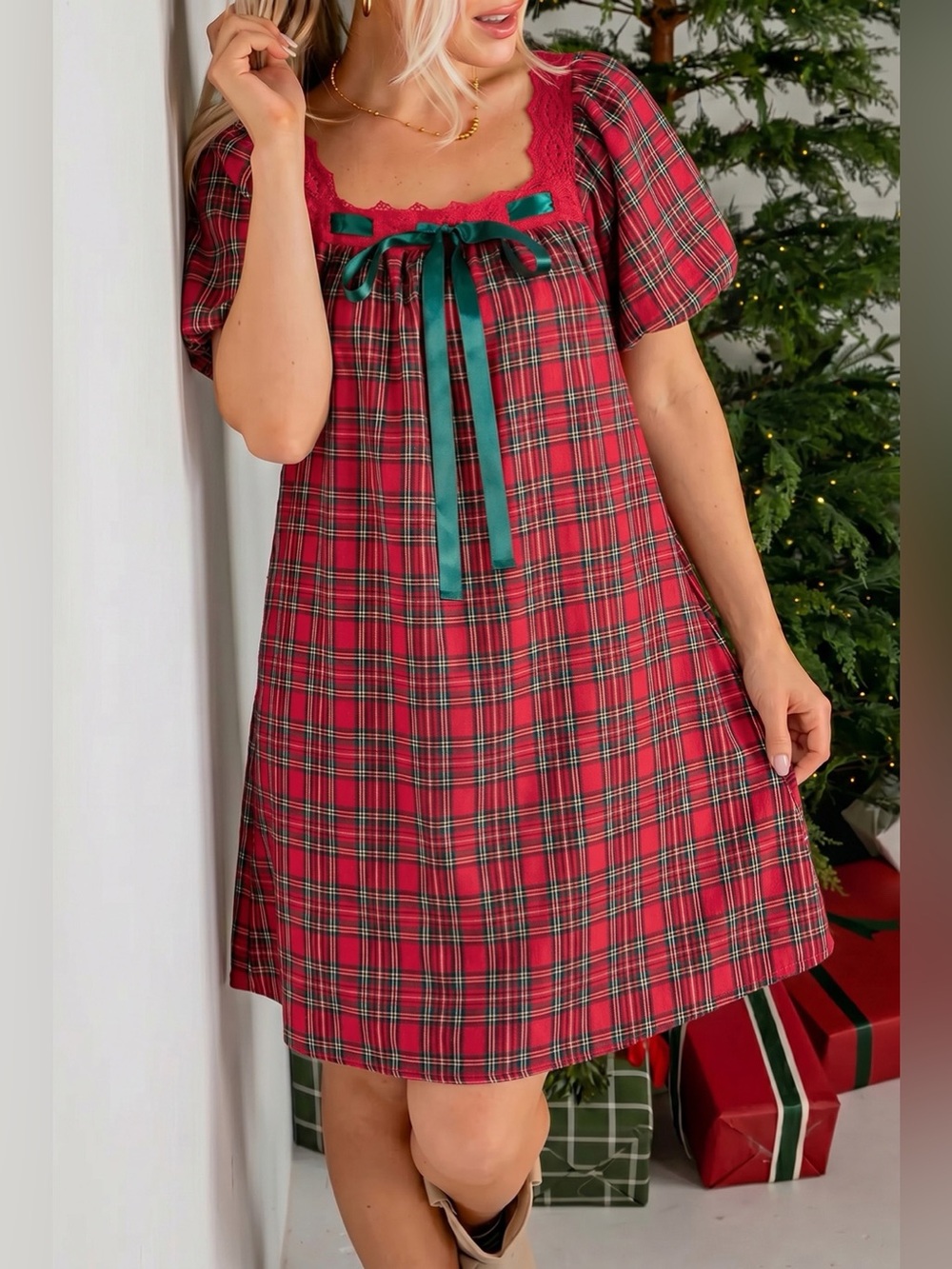 Plaid Square Collar Lace Trim Short Sleeve Shift Mini Dress